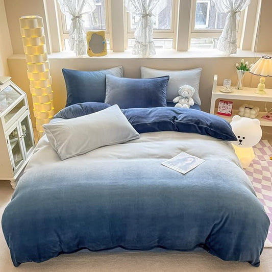 CLOTHKNOW Blue and White Velvet Full Size Comforter Sets 3Pcs Fluffy Bedding Comforter Sets Soft Dark Blue Comforter with 2 x Pillowcases