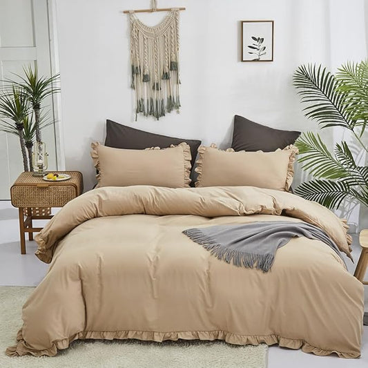 CLOTHKNOW Taupe Ruffles Queen Comforter Set Farmhouse Bedding Comforter Sets Soft Tan Comforter Khaki Comforter with 2 x Pillow Cases
