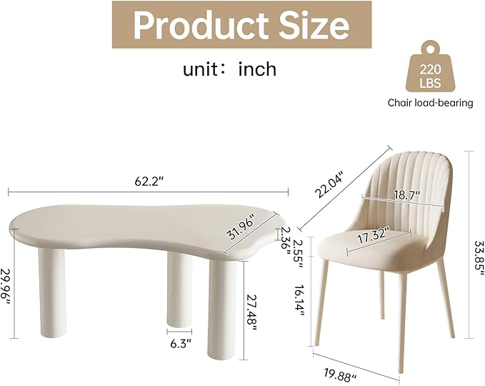 62.2" Dining Table Set for 6, Irregular Dining Table with 6 Chairs, Modern Cream Style Dining Table Set for Kitchen, Dining Room