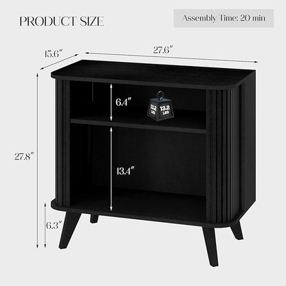 Fluted Sideboard Buffet Cabinet with Storage, 27” Curvy Edge Accent Storage Cabinet with Sliding Doors & Shelves, Modern Sideboard Credenza Console for Kitchen, Living Room, Entryway, Black