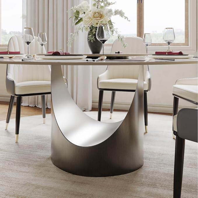 POVISON Round Glossy Pandora Dining Table for 4-6, 47" Sintered Stone Tabletop Dining Table with Gray Carbon Steel Pedestal (Table Only)