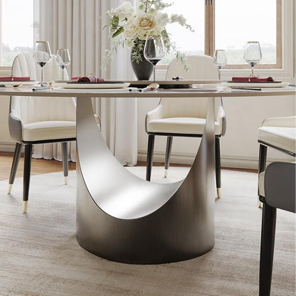 POVISON Round Glossy Pandora Dining Table for 4-6, 47" Sintered Stone Tabletop Dining Table with Gray Carbon Steel Pedestal (Table Only)