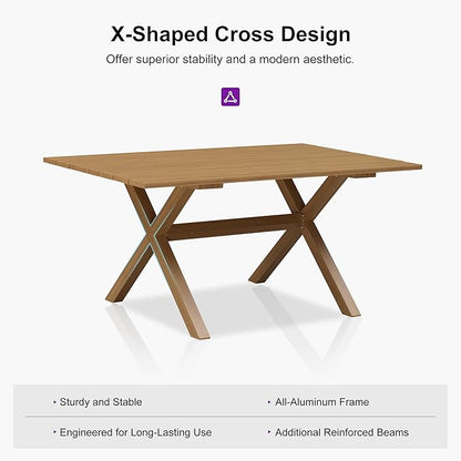 PURPLE LEAF 5 Pieces Patio Dining Table Set Wicker Outdoor Furniture Rectangular Table and Chairs Set for Garden Deck Teak-Finish Aluminum Frame Backyard Kitchen Set, Cushions and Pillows Included