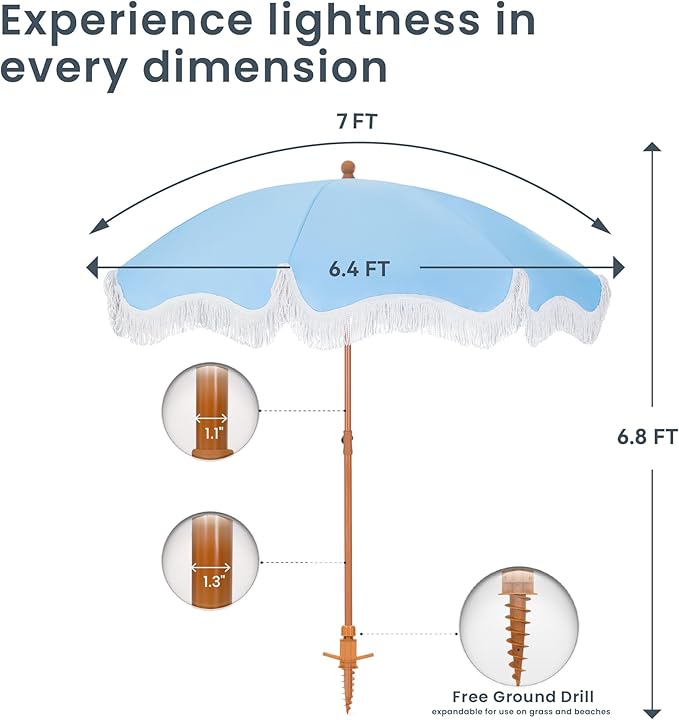 PHI VILLA 7ft Beach Umbrella with Fringe & Sand Anchor, Outdoor Patio Heavy Duty Windproof Portable Tassel Umbrellas for Sand with Push Button Tilt & Carrying Bag, UPF 50+, Light Blue (No Base)