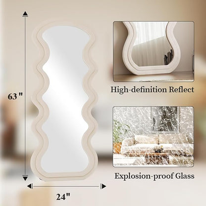 Koonmi 63"x24" Irregular Mirror Full Length, Large Full Body Freely Standing Mirror, Flannel Wave Floor Mirror with Stand for Bedroom, Living Room, Hanging or Against The Wall, White