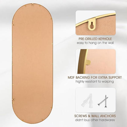 Oval Full Length Wall Mirror, 20"x53" Metal Beaded Frame Large Hanging Dressing Floor Mirror for Bedroom, Living Room, Entryway, Antique Gold (No Stand)