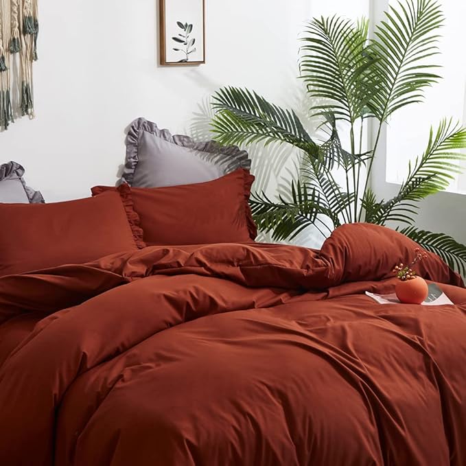 CLOTHKNOW Terracotta Ruffles Full Size Comforter Set 3Pcs Rust Farmhouse Bedding Comforter Sets Burnt Orange Comforter Soft Shabby Chic Comforter Vintage Rustic Bedding Sets