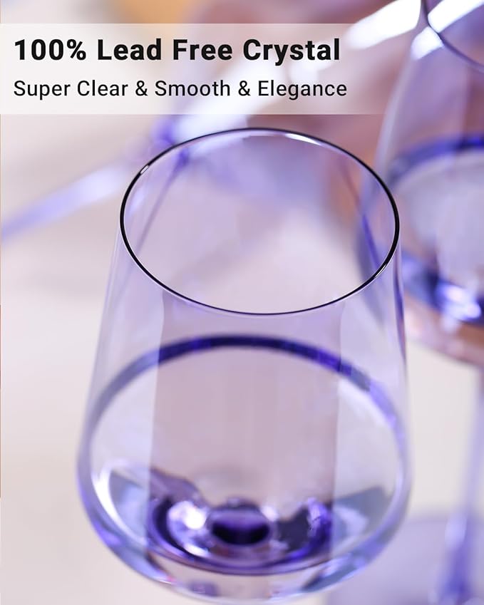 Physkoa Lavender Purple Wine Glasses Set of 6-15oz Hand Blown Crystal Colored Wine Glasses with Long Stem, Wedding, Birthday, Christmas Glassware Gifts for Lovers