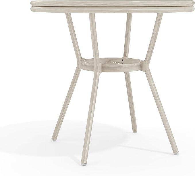 Martha Stewart Lily Pond 31” Round Indoor Outdoor Bistro Dining Table with Aluminum Frame in Gray Woodgrain and Rattan Top in White/Gray with Tempered Glass Top