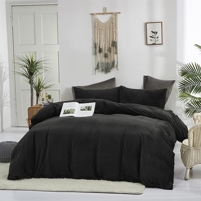 Pureant Black Fluffy Comforter Set King Solid Velvet Bedding Comforters Plain Flannel Bed Quilts Women Men Modern All Soft Cozy Blankets Micromink Sherpa Health,King(104''*90''-Comforter)