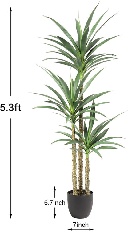 Artificial Tree 5.3Ft Faux Agave Plant with 3 Heads in Plastic Pot Fake Tree for Home Decor Indoor or Outdoor Office Decoration Housewarming Gift