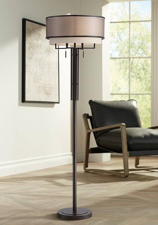 Franklin Iron Works Alamo Industrial Rustic Farmhouse Standing Floor Lamp 62" Tall Bronze Sheer Brown Organza Linen Fabric Double Drum Shades for Living Room Reading Bedroom Office House Home Decor