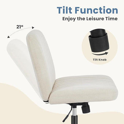 DUMOS Criss Cross Chair No Wheels Wide Cross Legged Desk Vanity Chair Comfy Fabric Armless Adjustable Swivel for Home Computer Task (Beige)