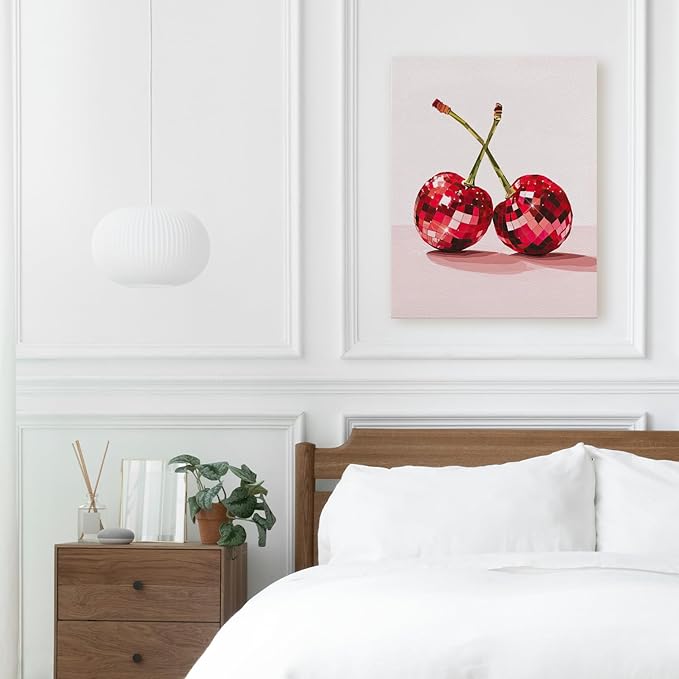 APJYM Funky Y2K Disco Ball Cherry Wall Art, Trendy Retro 70s Preppy Pink Girly Cherry Aesthetic Canvas Wall Art for Girls Room Bedroom Dorm Apartment Decor, 11x14 Inches Framed