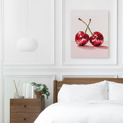 APJYM Funky Y2K Disco Ball Cherry Wall Art, Trendy Retro 70s Preppy Pink Girly Cherry Aesthetic Canvas Wall Art for Girls Room Bedroom Dorm Apartment Decor, 11x14 Inches Framed