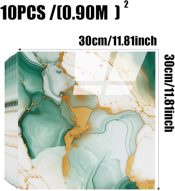 10pcs Marble Peel and Stick Backsplash Waterproof Washroom Wall Panels, Peel and Stick Tile, PVC Foam Wall Panels for Kitchen,Bathroom,Living Room,Green and Gold(Not Real Tile,11.8" x 11.8")