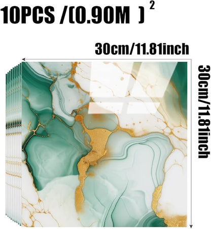 10pcs Marble Peel and Stick Backsplash Waterproof Washroom Wall Panels, Peel and Stick Tile, PVC Foam Wall Panels for Kitchen,Bathroom,Living Room,Green and Gold(Not Real Tile,11.8" x 11.8")