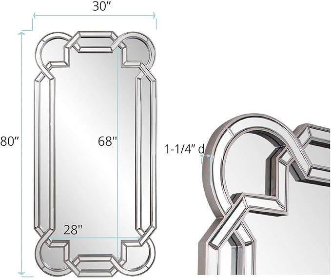 Howard Elliott Aleena Silver Oversized Full Length Mirror for Wall, Tall Rectangle Wall Hanging Mirrors with Arch Curves, Intersecting Lines & Beveled Glass for Bedroom & Living Room, 80 x 40 Inch