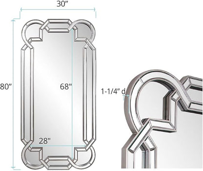 Howard Elliott Aleena Silver Oversized Full Length Mirror for Wall, Tall Rectangle Wall Hanging Mirrors with Arch Curves, Intersecting Lines & Beveled Glass for Bedroom & Living Room, 80 x 40 Inch