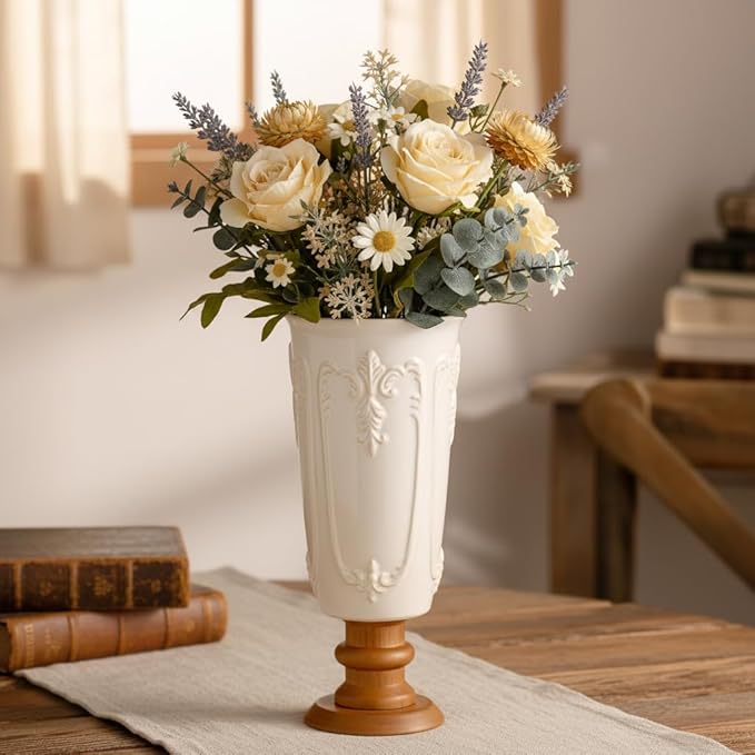 hjn White Ceramic Vase- French Flower Vase for Decor Small Vintage Vases with Wood Base for Table/Living Room/Shelf/Mantel/Office-Height-9.1"-Floral Embossing