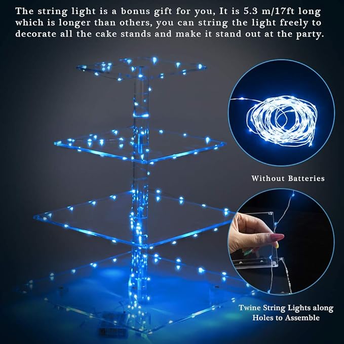 YestBuy 4 Tier Acrylic Cupcake Stand Afternoon Tea Cake Stand Large Cupcake Stand Cupcake Tower Cupcake Holder for Pastry + LED Light String Ideal for Weddings Birthday Bar Party Décor (Blue Light)
