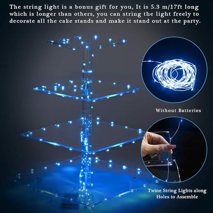 YestBuy 4 Tier Acrylic Cupcake Stand Afternoon Tea Cake Stand Large Cupcake Stand Cupcake Tower Cupcake Holder for Pastry + LED Light String Ideal for Weddings Birthday Bar Party Décor (Blue Light)