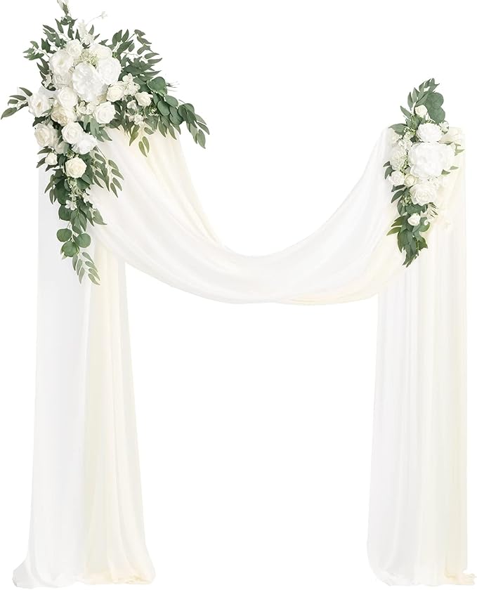 Ling's moment Artificial Wedding Arch Flowers Kit Pack of 4, 2pcs Hanging Flowers Arrangement 2pcs Chiffon Drapes Ceremony Spring Fake Rose Arbor Backdrop White Sage Floral Party Outdoor Decor