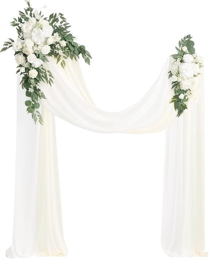 Ling's moment Artificial Wedding Arch Flowers Kit Pack of 4, 2pcs Hanging Flowers Arrangement 2pcs Chiffon Drapes Ceremony Spring Fake Rose Arbor Backdrop White Sage Floral Party Outdoor Decor