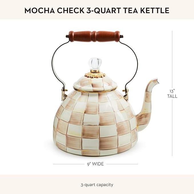 MACKENZIE-CHILDS Enamel Tea Kettle, Stylish Tea Kettle for Stovetop, Brown-and-White Mocha Check, 3 Quarts