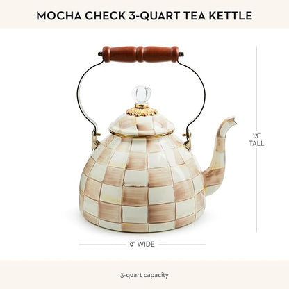 MACKENZIE-CHILDS Enamel Tea Kettle, Stylish Tea Kettle for Stovetop, Brown-and-White Mocha Check, 3 Quarts