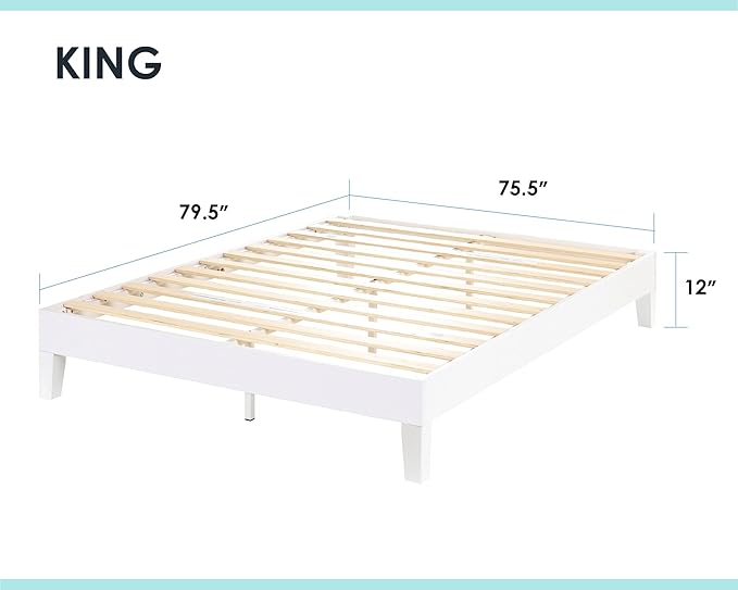 Mellow Naturalista Grand 12 Inch Solid Wood Platform Bed with Wooden Slats, Easy Assembly, Queen, White