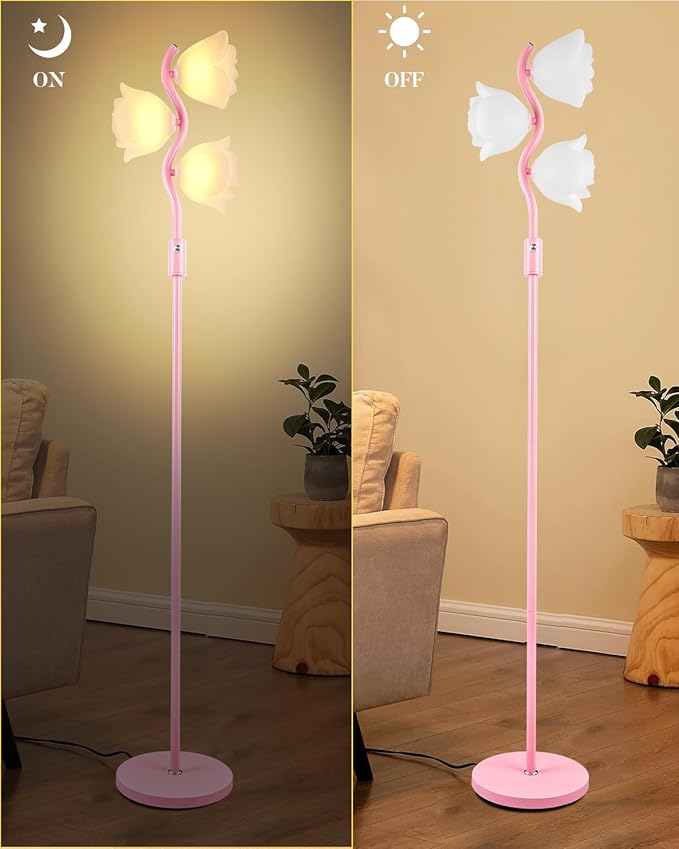 Dimmable Pink Floor Lamp, Unique Cute Flower Standing Lamps with 3 Globe Soft Warm White 3000K Bulbs, Mid Century Modern Floor Lamp for Living Room Bedroom Home Decor