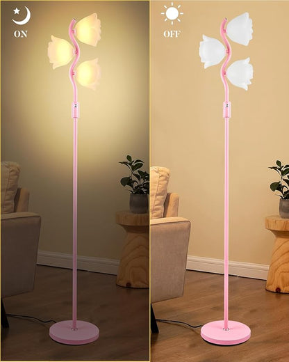 Dimmable Pink Floor Lamp, Unique Cute Flower Standing Lamps with 3 Globe Soft Warm White 3000K Bulbs, Mid Century Modern Floor Lamp for Living Room Bedroom Home Decor
