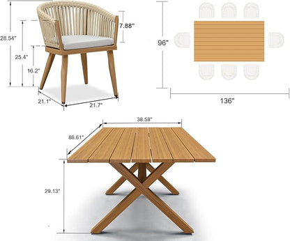 PURPLE LEAF 9 Pieces Outdoor Dining Set with Patio Aluminium Dining Table and Wicker Chairs Modern Furniture Cushions Sets for Backyard Indoor Decor Kitchen Teak