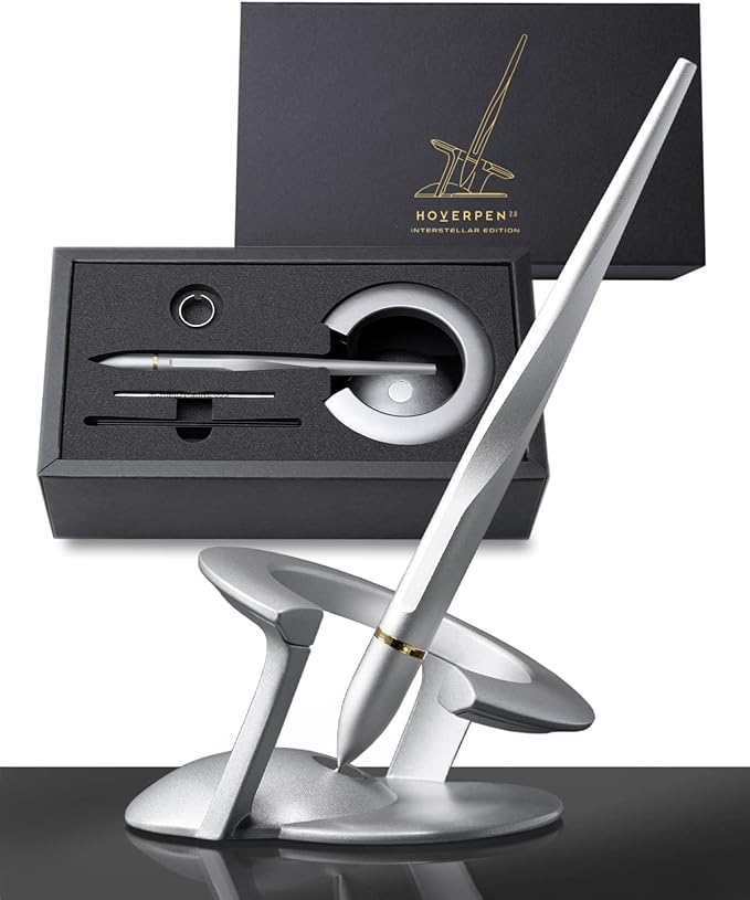 novium Hoverpen Interstellar - Luxury Ballpoint Pen Made With Aerospace Alloys, Unique Aesthetic, Free Spinning Executive Pen, Desk Decor (Starlight Silver, 18K-Gold)