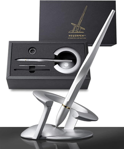 novium Hoverpen Interstellar - Luxury Ballpoint Pen Made With Aerospace Alloys, Unique Aesthetic, Free Spinning Executive Pen, Desk Decor (Starlight Silver, 18K-Gold)