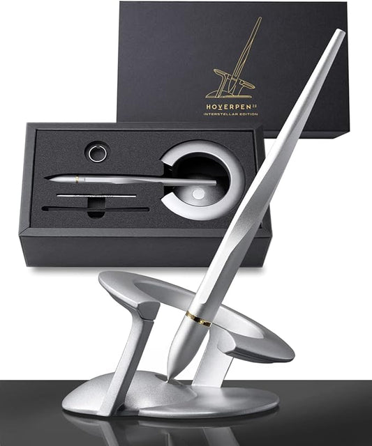 novium Hoverpen Interstellar - Luxury Ballpoint Pen Made With Aerospace Alloys, Unique Aesthetic, Free Spinning Executive Pen, Desk Decor (Starlight Silver, 18K-Gold)