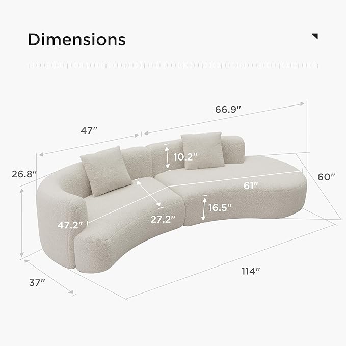 Acanva Modern Curved Sectional Living Room Couch, Minimalist Comfy Boucle Fabric Modular Sofa for Apartment, Home Office, 114" W Right Hand Facing, White