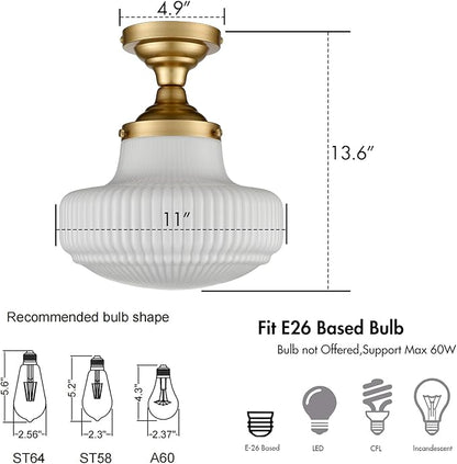 CLAXY Modern Gold Schoolhouse Ceiling Light Semi-Flush Mount Ceiling Light Fixture Milk Glass Lamp for Hallway Entryway Bedroom Kitchen