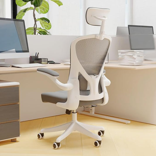 Ergonomic Office Chair with Adjustable Lumbar Support & Flip-Up Armrests - High Back Desk Chair with Thickened Seat Cushion, Rolling Wheels for Home/Office Study Work