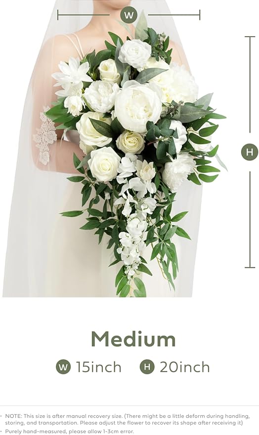 Ling's Moment White Bridal Bouquet Cascading, Ivory Wedding Bouquets for Bride, 15 Inch Bride Bouquets for Wedding Artificial Flowers Bouquets