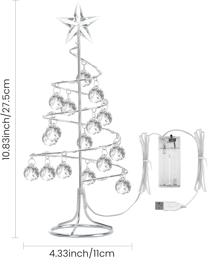 Lewondr Christmas Tree Lamp, 11 Inch Battery/USB Powered Crystal Spiral Christmas Tree Lava Lamp with Star Topper, Christmas Tree Light with Metal Stand Acrylic Balls for Home Bedroom Xmas, Silver