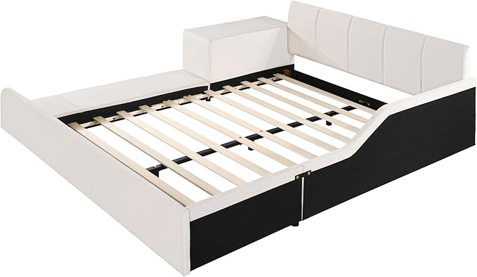 Merax Full Upholstered Grounded Bed Mother & Child, Beige Velvet