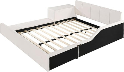 Merax Full Upholstered Grounded Bed Mother & Child, Beige Velvet