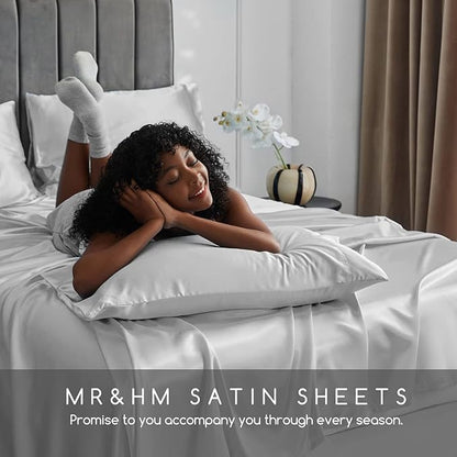 MR&HM Satin Bed Sheets, Full Size Sheets Set, 4 Pcs Silky Bedding Set with 15 Inches Deep Pocket for Mattress (Full, Silver Grey)
