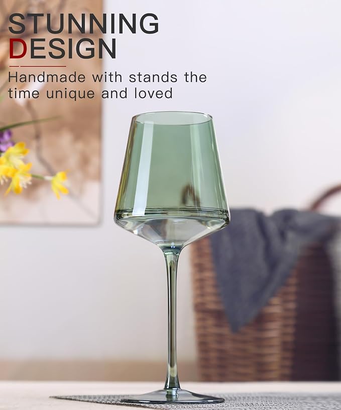 Green Wine Glasses Set of 6-18oz Colored Square Wine Glasses with Tall Long Stems and Flat Bottom,Crystal Colorful Wine Glass-Unique Gifts for Wine Lovers,Wedding,Engagement Gifts (Light Blue Sea)