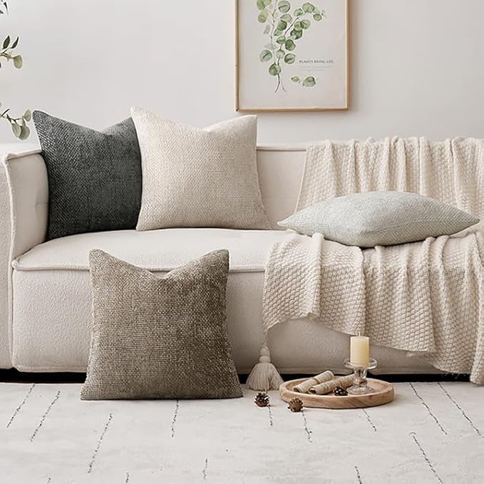 MIULEE Pack of 4 Throw Pillow Covers 16x16 Inch Neutral Soft Decorative Chenille Pillow Covers Farmhouse Boho Cushion Covers for Home Decor Bedroom Living Room