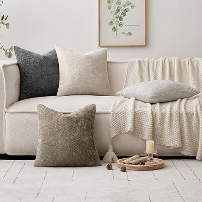 MIULEE Pack of 4 Throw Pillow Covers 18x18 Inch Neutral Soft Decorative Chenille Pillow Covers Farmhouse Boho Cushion Covers for Mid Century Modern Home Decor Bedroom Living Room