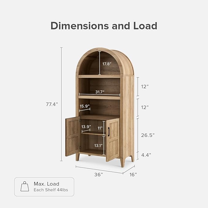mopio Lauren 77.4" Tall Arched Cabinet, 5-Tier Arched Bookcase with Doors and Adjustable Shelves, Arch Bookshelf with Storage, Wooden Storage Cabinet for Living Room and Kitchen Pantry (Set of 2, Oak)