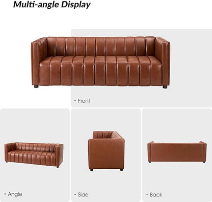 HULALA HOME 83" Genuine Leather Sofa with Channel Tufted Design, 3-Seater Sofa for Living Room Bedroom, Modern Oversized Couch with Wood Legs, Brown